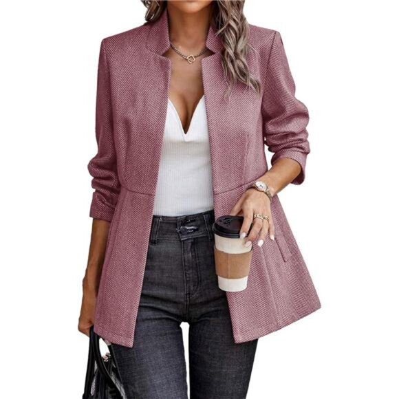Jackets & Blazers - Women’s Open Front Herringbone Blazer Dark Pink